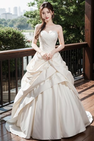 HS,1 girl,(sexy),White ice wedding dress,(large chest),look at view,full body,laughed heartily, liuyifei