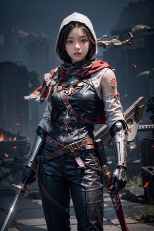 (1girl:1.3),formal dress,Oriwarrior,CUTE,streamlined mecha,sword,holding,holding a knife,realistic,solo,polearm,male focus,hood,holding weapon,dancing with a knife and a gun,kung fu,weapon,sword,(((tattoo))),smoke,looking at viewer,sheath,sleeve sword,holding weapon,cigarette,pants,scar,simple background,(single mechanical arm:1.6),(movement posture,combat posture:1.2),wind,(flying clothes:1.4),assassin's creed \(series\),((assassin hood)),(fluttering scarf),masterpiece,best quality,unreal engine 5 rendering,movie light,movie lens,movie special effects,detailed details,HDR,UHD,8K,CG wallpaper,l4tex4rmor,EDGADEPTA