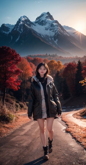 (Realisticity:1.4),Cinematic Lighting,1Girl,(standing,beautiful long_Slender_legs),(korean mixed,kpop idol:1.2),earrings,necklace,(long_brown_wavy_hair),shiny_lips,eyelashes,make-up,shiny,Pore,skin texture,big breasts,smile, ((Faux fur-trimmed parka jacket with multiple pockets and a versatile khaki color)),((Epic mountain view,autumn, Towering peaks, Sunrises)),
