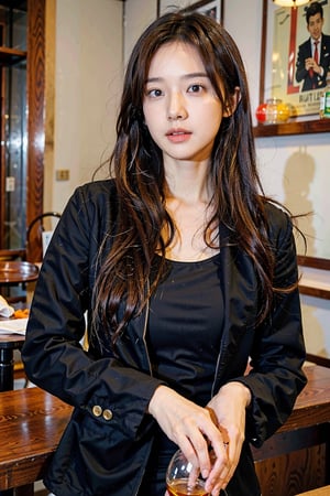 1girl, solo, bottle, alcohol, long hair, red shirt, bar (place), shirt, looking at viewer, blurry background, jacket, formal, blurry, black jacket, brown hair, realistic, suit, collared shirt, lips, brown eyes, long sleeves, whiskey, indoors, (GirlfriendMix_v1_v20:1),

