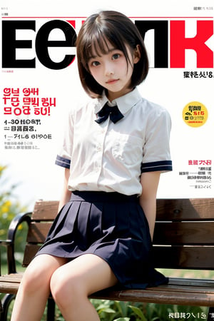 ((highest quality)), ((masterpiece)), A neat and beautiful woman sitting on a park bench,(((Magazine Cover))),(((only the body enters the shot))),(((Hands Behind back))),(look at the viewer:1.2),人：1litte 15yo gril (Child:1.4), Korean beauty,(((age 12-15:1.9))),A little girl of secondary school age, 優：High resolution, realistic and delicate high texture,Warm and delicate skin texture, 體：The body of a reasonable young girl,(child's body:0.8),The most beautiful body proportions, 髮：(bob cut hair), 服：school uniform,more detail,blue_IDphoto,((Hands Behind Your head)),Magazine Cover,magazine cover,perfect light,Hayoon,Haka