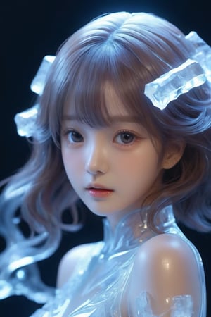 (a statue of a girl carved from ice, the body is completely transparent:1.6), (glowing fluorescent effect), sexy Korean idol face, wavy hair, from below, (upper thighs shot),