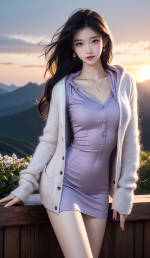 (Realisticity:1.4),Cinematic Lighting,1Girl,(standing,beautiful long_Slender_legs),(korean mixed,kpop idol:1.2),earrings,necklace,(long_brown_wavy_hair),shiny_lips,eyelashes,make-up,shiny,Pore,skin texture,big breasts,smile, ((Hooded knit cardigan with toggle closures)),((A dramatic sunset over a mountain range, Color Field Painting, Lilac, remarkable)),girl, Fashion Style