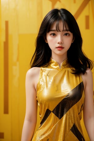  (masterpiece, top quality, best quality, ((standing in centre)), ((1girl, black hair)), ((upper body, symmetrical composition)), ((wear yellow abstract patterns dress bold lines, geometric shapes)), (pure yellow abstract patterns background), ((studio light)) ((studio portrait)), emotional face, face front, extreme detailed
,xuer Gold