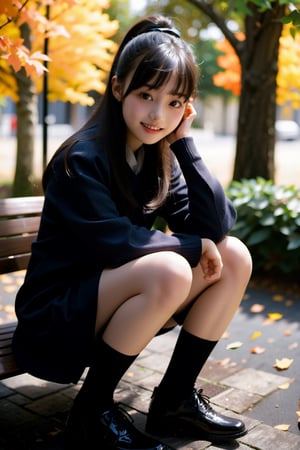 ((highest quality)), ((masterpiece)), A neat and beautiful woman sitting on a park bench、coat、long sleeve blouse、knee length skirt、black tights、sneakers、refreshing smile、smile showing teeth、full body photo、black hair、ear piercing、looking at camera、close up of feet、
,Hayoon,Haka