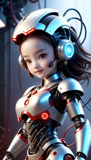 Imagine a heartwarming fighting scene featuring a scary little Iron woman robot. Picture a small, ((Full front shot)), ((full body)), best quality,an extremely delicate and beautiful,Chest covered,cinematic light, (1mechanical girl), solo, ((long hair)), Hanging by wires and tubes, (machine made joints:1.2), mechanical limbs,
 (blood vessels connected to tubes), (mechanical vertebra attaching to back), mechanical cervical attaching to neck, (sitting), (chest covered),
 (wires and cables attaching to neck:1.2), (beauty and cute on head:1.2), (character focus), science fiction, (((very small yet adorable body))), cheerfully saying hi to the viewer. Envision this super cute image embodying the charm of technology in a tiny, endearing package, set against a hell background. Capture the scary and wisdom of the darkness season with this delightful depiction of a robotic demon spreading cheer.from below,Chibi Style,3d figure,3D,xxmixgirl