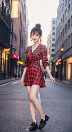 Canon RF85mm f/1.2,best quality,ultra highres,1 girl,(standing,beautiful long_Slender_legs),(korean mixed,kpop idol:1.2),shiny_white_skin,necklace,earrings,brown_wavy_hair,bangs,red_shiny_lips,eyelashes,make-up,shiny,Pore,skin texture,big breasts,(hair bun,plaid_dress,Pointed-toe_loafers):1.8,(standing outside in city street,deserted street:1.4),(sunshine:1.3)