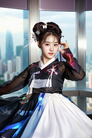 Korean Girl, dancing, in cyber room with a view of the city, gothic style hanbok outfit, petite, cute face, messy hair, bangs, side bangs, Futuristic, innovative, technology, photo, (realistic), Portrait, White Balance, best quality, cutegirlmix