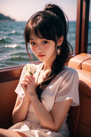 1girl ,((loli)),(6-years-old girl:1.4), A little girl (6 years old:1.4), lovely face,chubby,smile, sit in couch,(hold flowers in hands:1.2),Double Ponytail, (white dress:1.2), Wet clothing, black-hair , very long hair, big eyes, diamond and glaring eyes,(sea side:1.4), finely detail,(((masterpiece))),((extremely detailed CG unity 8k wallpaper)),best quality,high resolution illustration,Amazing,highres, female focus,(beautiful detailed girl)beautiful detailed glow, bichu, Oil painting, (china dress), YUNY, depth of field, 1girl
