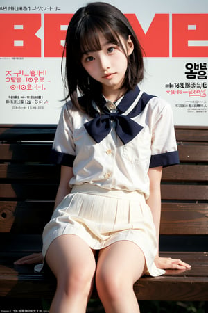 ((highest quality)), ((masterpiece)), A neat and beautiful woman sitting on a park bench,(((Magazine Cover))),(((only the body enters the shot))),(((Hands Behind back))),(look at the viewer:1.2),人：1litte 15yo gril (Child:1.4), Korean beauty,(((age 12-15:1.9))),A little girl of secondary school age, 優：High resolution, realistic and delicate high texture,Warm and delicate skin texture, 體：The body of a reasonable young girl,(child's body:0.8),The most beautiful body proportions, 髮：(bob cut hair), 服：school uniform,more detail,blue_IDphoto,((Hands Behind Your head)),Magazine Cover,magazine cover,perfect light,Hayoon,Haka