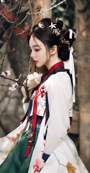 Fashion editorial style a asian girl with hanfu ruqun,Jin style, joint brand, ribbon, Withered leaves, old vines, plant illustration, splash ink,High fashion, trendy, stylish, editorial, magazine style, professional, highly detailed, cinematic lighting, Dramatic lighting,hanbok,song-hyegyo-xl