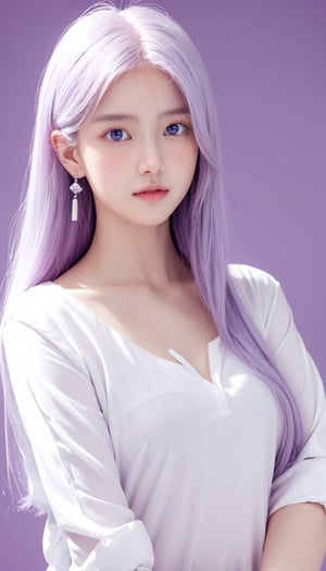  1girl, solo, long hair, looking at viewer, blush, simple background, shirt, jewelry, purple eyes, white shirt, upper body, white hair, earrings, pink eyes, crescent, purple background
