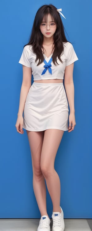 1girl,solo, full body, long hair, glasses, ((white lab gown)), looking at viewer, blue background, black hair, standing, simple background, two side up, blue eyes, lips, closed mouth, red ribbon, hair ribbon, bangs, sneakers, parted bangs, buns, nose, Haerin_NJ,Long Legs and Hot Body,korean girl,jennierubyjenes,<lora:659095807385103906:1.0>