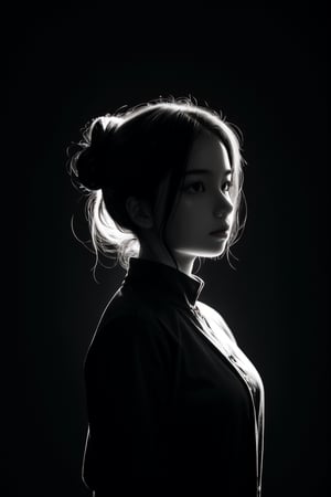 1girl,spotlight,silhouette,parted lips,looking at viewer,monochrome,portrait,deatailed beautiful face,hair bun,simple background,dark background, Light master