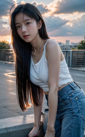  NSFW,(look at the viewer:1.2), (cowboy shot:1.2),((upper_body from knees framing:1.5)),Frontal photography,Look front,evening,dark clouds,the setting sun,On the city rooftop,A 20 year old female,Black top,Black Leggings,black hair,long hair, dark theme, muted tones, pastel colors, high contrast, (natural skin texture, A dim light, high clarity) ((sky background))((Facial highlights)),Nice legs and hot body