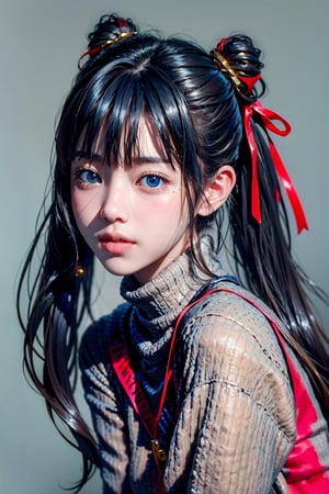 1women, 18yo, solo, long hair, sweater, red sweater, looking at viewer, blue background, black hair, simple background, two side up, turtleneck, blue eyes, lips, closed mouth, ribbon, hair ribbon, bangs, turtleneck sweater, upper body, parted bangs, black ribbon, ribbed sweater, twintails, nose,