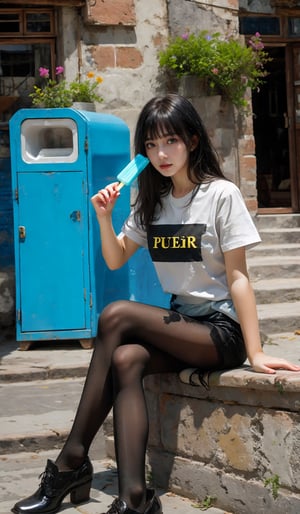 xuer old-world charm,1girl,black hair,solo,sitting,short sleeves,looking at viewer,bangs, yellow pantyhose,
,xuer popsicle