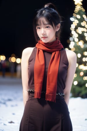 1girl,moyou,christmas theme,,(navel exposed suit:0.1),(scarf:1.1),arms_behind_back,Young beauty spirit 
