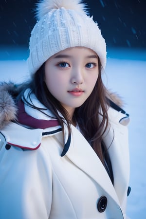 masterpiece, best quality,1girl, nightsnowstyle, winterstyle, a girl in a white coat and hat is standing in the snow, portrait jisoo blackpink, with bright blue eyes, portrait , photography , in night, medium close - up, shot on hasselblad, real photo,KaitlynDever