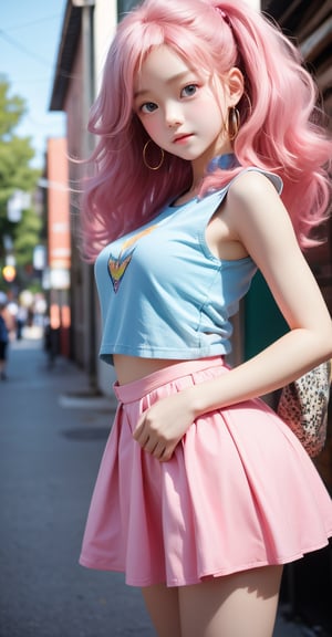  A fashionable young girl taking photos in the sunny weather, wearing trendy clothes, with a background of Memphis-style photography elements, featuring bright colors and artistic vibes. High-definition photo of a trendy girl in vibrant Memphis-style setting under the sun, full of lively colors and youthful energy., (\meng ze\),bubble,pink hair, hy
