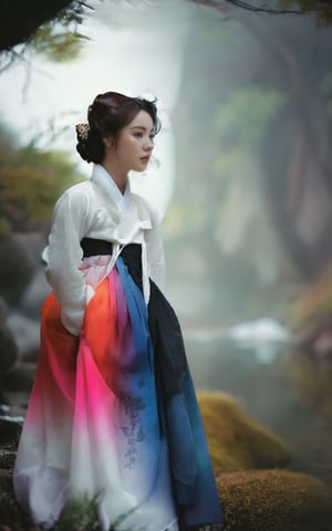  1 young korean woman oversized pants gradient dream-like,eerie,ethereal,landscapes,magic,photography,photography-color,shallow-depth-of-field by TJ Drysdale Charles Robinson,hanbok