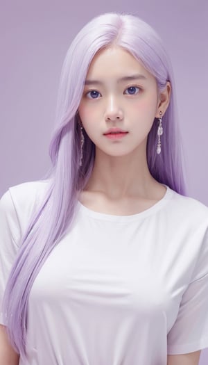  1girl, solo, long hair, looking at viewer, blush, simple background, shirt, jewelry, purple eyes, white shirt, upper body, white hair, earrings, pink eyes, crescent, purple background
