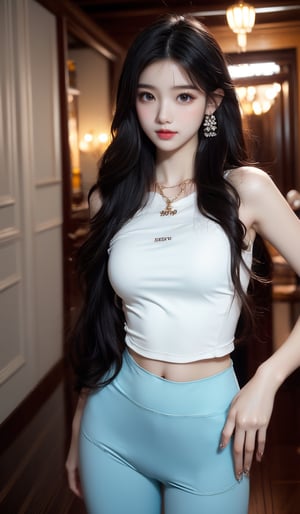 (Realisticity:1.4),Cinematic Lighting,1Girl,(standing,beautiful long_Slender_legs),(korean mixed,kpop idol:1.2),earrings,necklace,(long_brown_wavy_hair),shiny_lips,eyelashes,make-up,shiny,Pore,skin texture,big breasts,smile, ((Training **** top and running tights)),((imaginative, A majestic mountain range with peaks shrouded in mist, Salvador Dali, Abstract)),girl, Fashion Style
