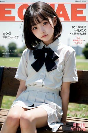 ((highest quality)), ((masterpiece)), A neat and beautiful woman sitting on a park bench,(((Magazine Cover))),(((only the body enters the shot))),(((Hands Behind back))),(look at the viewer:1.2),人：1litte 15yo gril (Child:1.4), Korean beauty,(((age 12-15:1.9))),A little girl of secondary school age, 優：High resolution, realistic and delicate high texture,Warm and delicate skin texture, 體：The body of a reasonable young girl,(child's body:0.8),The most beautiful body proportions, 髮：(bob cut hair), 服：school uniform,more detail,blue_IDphoto,((Hands Behind Your head)),Magazine Cover,magazine cover,perfect light,Hayoon,Haka