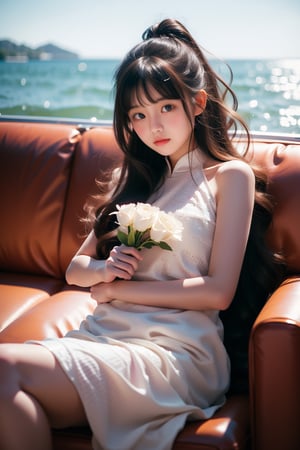 1girl ,((loli)),(6-years-old girl:1.4), A little girl (6 years old:1.4), lovely face,chubby,smile, sit in couch,(hold flowers in hands:1.2),Double Ponytail, (white dress:1.2), Wet clothing, black-hair , very long hair, big eyes, diamond and glaring eyes,(sea side:1.4), finely detail,(((masterpiece))),((extremely detailed CG unity 8k wallpaper)),best quality,high resolution illustration,Amazing,highres, female focus,(beautiful detailed girl)beautiful detailed glow, bichu, Oil painting, (china dress), YUNY, depth of field, 1girl
