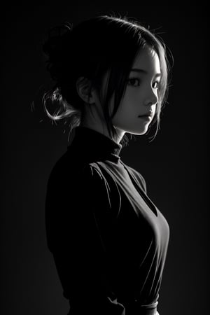 1girl,spotlight,silhouette,parted lips,looking at viewer,monochrome,portrait,deatailed beautiful face,hair bun,simple background,dark background, Light master,light