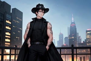 masterpiece, best quality, highly detailed background, perfect lighting, best quality (extremely detailed face), volumetric lighting, intricate details, shadows, tone mapping, sharp focus, hyper detailed, trending on Artstation, (only) 
BREAK
 (1boy, black hair, medium hair, book cut, male focus, muscular man, black eyes, tattoo-arms, tattoo-hands
BREAK
 (black pants, black shirt, black coat, (sleeveless), black hat) 
BREAK
 (outdoor, city, sky background) 
BREAK
 (standing, looking away, mouth closed, pockets)