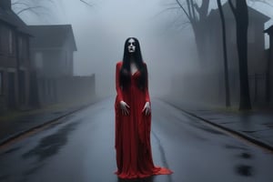 This is an image of a terrifying scene on a dark and foggy street. A ghostly woman in a red dress is standing in the middle of the road, with her long black hair covering her face. She is reaching out with one hand, as if to grab someone or something. Her feet are glowing red, like embers from a fire. The street is deserted, except for a dim street lamp that casts a faint light on the old houses. The houses look abandoned and haunted, with broken windows and peeling paint. The image creates a sense of fear and dread, as if the ghost is waiting for her next victim.