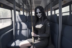 A woman with long hair shawl, wearing a death suit, holding a death scythe. Sitting on the bus of a school bus looking at the bus driver, it is at midnight,
Increase the horror and thriller atmosphere