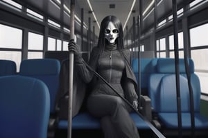 A woman with long hair shawl, wearing a death suit, holding a death scythe. Sitting on the bus of a school bus looking at the bus driver, it is at midnight,
Increase the horror and thriller atmosphere