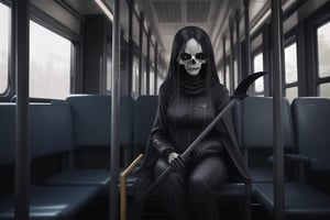 A woman with long hair shawl, wearing a death suit, holding a death scythe. Sitting on the bus of a school bus looking at the bus driver, it is at midnight,
Increase the horror and thriller atmosphere