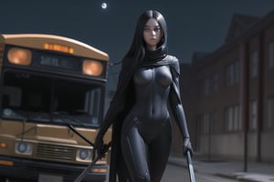 Outside the school bus window, a vague figure gradually appeared in the moonlight. A woman with long hair shawl, wearing a death suit, holding a death scythe. She walked toward the vehicle, her eyes vacant and her lips slightly parted.