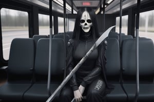 The background pattern is a black, with a woman with long hair shawl wearing a death suit and holding a death scythe. Sitting on the bus and looking at the bus driver,
Increase the horror and thriller atmosphere