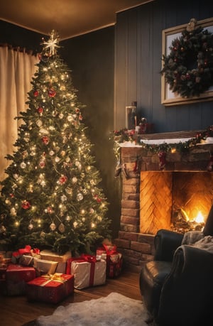 Instagram Image, Decorated tree, Atmospheric, Night, Santa Clause Sitting on Cozy Comfortable Chair Near Fireplace, Realistic, Gifts, lights