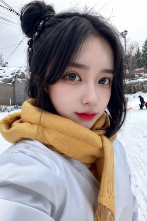 	1girl, {{8k}}, korean, (raw photo, masterpiece, best quality, highres, background, ultra detailed, physically-based rendering), {{realistic}}, (photo-realistic:1.4, cinematic light:1.4), {{{{bright face}}}}, {{small_face}}, (egg-shaped_face), {{multicolored_hair}}, (braided_bun, absurdly_long_hair), {{Eyelashes}}, (long_eyes, long_eyelashes, long_eyebrow, black_eyes), {{thick_lips}}, red_lips), Winter, Frozen, Scarf, Snow, Blizzard, Rainbow, Ice, Coldness, Gloves and jacket and on the forehead for skiing, she had a beanie on his head