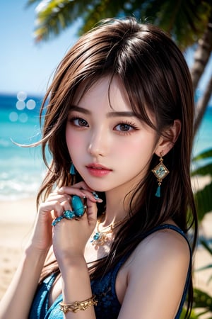 Illustrate a lovely 20-year-old Korean pop star in a front-view pose, radiating confidence and charm. Focus on the details of her hands, fingers, and accessories like earrings and necklaces. Use sunshine and beach view backgrounds to add warmth and atmosphere to the drawing, ensuring a detailed and alluring portrayal