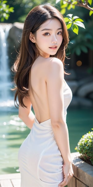 A stunning portrait of a beautiful Korean girl! The camera captures her exquisite face in a close-up shot, with magnificent lighting that highlights the intricate details of her skin. Her long black hair cascades down her back like a waterfall, and her bright smile radiates warmth. She wears a colorful dress that complements her porcelain-like complexion. The studio background provides a clean canvas for her striking features. The photographer's skillful use of the Canon EOS and SIGMA Art Lens 35mm F1.4 ensures a photorealistic image with crisp details, from the delicate texture of her skin to the sparkling eyes and lips. Her slim waist and beautiful hands are also showcased in this 8K UHD masterpiece.