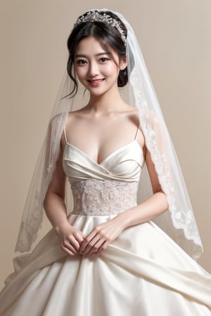 (masterpiece, best quality, photorealistic), 1girl, bridal hairstyle, black hair, brown eyes, small boobs, graceful smile, detailed skin, pore, white wedding dress, low key, (full body), (standing), beige plain background, realism, better_hands