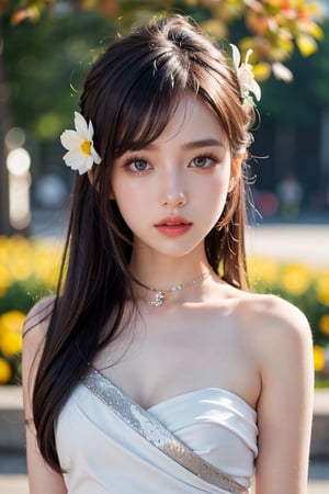 Front view , Autumn style, yellow flowers blooming, depth of field, lighting bokeh as background, pink and white long Boss dress, 1girl, snow-white delicate skin, long light brown curly hair, and a silver hairpin on her head. The eyes are a deep lavender color big and charming, wearing pink and white long Boss dress, and long scaf, Wrap around the neck and cover the chest, full of mysterious stories. With pale pink lips, charming and cute. FilmGirl, xxmix_girl, detailed eyes, perfact eyes, mouth small, 3d style, light bokeh backgroud,3d style,isni,Movie Still,3d,3d render,dream_girl