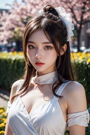 Front view , Autumn style, yellow flowers blooming, depth of field, lighting bokeh as background, pink and white long Boss dress, 1girl, snow-white delicate skin, long light brown curly hair, and a silver hairpin on her head. The eyes are a deep lavender color big and charming, wearing pink and white long Boss dress, and long scaf, Wrap around the neck and cover the chest, full of mysterious stories. With pale pink lips, charming and cute. FilmGirl, xxmix_girl, detailed eyes, perfact eyes, mouth small, 3d style, light bokeh backgroud,3d style,isni,Movie Still,3d,3d render,dream_girl