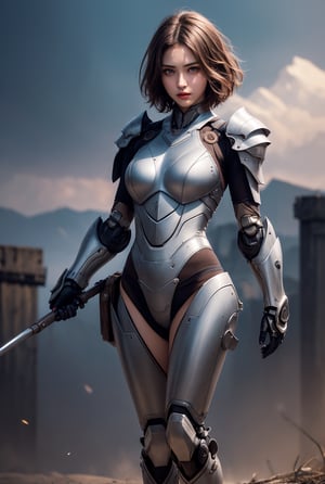 masterpiece, Best Quality, photorealistic, ultra-detailed, finely detailed, high resolution, 8K resolutions, perfect body, 1girl, solo, beautiful sexy super model, 22 years old, short hair, beautiful detailed face and eyes, sharp-focus, cinematic, realism, robot warrior and armor, full body, soft light, battlefield background, collect hands and fingers, action pose, facing_viewer, Gray and white color armor , hair_past_waist