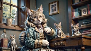 Envision an adorable and playful scene: A cat sits in front of a bookshelf, adorned with glasses and a vintage jacket, resembling an intellectual little princess,cat,hmnzct