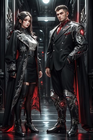 High detailed , 1 male and 1 female standing side by side , uniform , muscled , futuristic ,fantasy00d,vamptech , red moon , city 