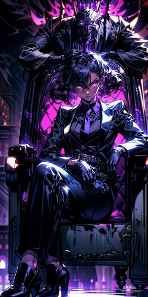 EpicGhost,  solo,  looking at viewer,  short hair,  black hair,  gloves,  1girl ,  sitting,  jacket,  full body,  female focus,  necktie,  shoes,  belt,  pants,  black footwear ,chair,  formal, elegent suit,  glowing eyes,  monster, long curly hair ,  throne, red theme, purple theme