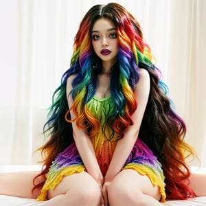 A close-up shot of a solo female figure, her facing directly towards the camera. She sits in front of a crisp white background, her gaze locked onto the viewer with an enigmatic intensity. Her long, lush curly hair cascades down her back like a rainbow-colored waterfall, perfectly framing her face. Multicolored hues dance across her locks as she wears bold makeup, featuring parted lips painted black and lined with dramatic eyeliner.