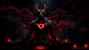 (Anime-style:1.3), (Dark and intense:1.2), A striking anime character, shrouded in shadows and poised for battle, stands against a deep crimson background adorned with menacing chains. Glowing red hollow fire particles dance around the scene, creating an otherworldly ambiance. The unique pastel look adds an ethereal touch to this dramatic and visually intense composition.